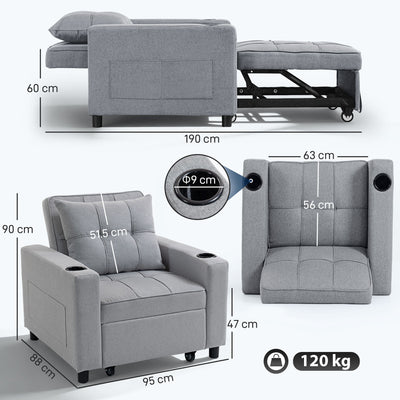 HOMCOM 3-in-1 Single Sofa Bed, Convertible Sleeper Chair Bed - Light Grey 