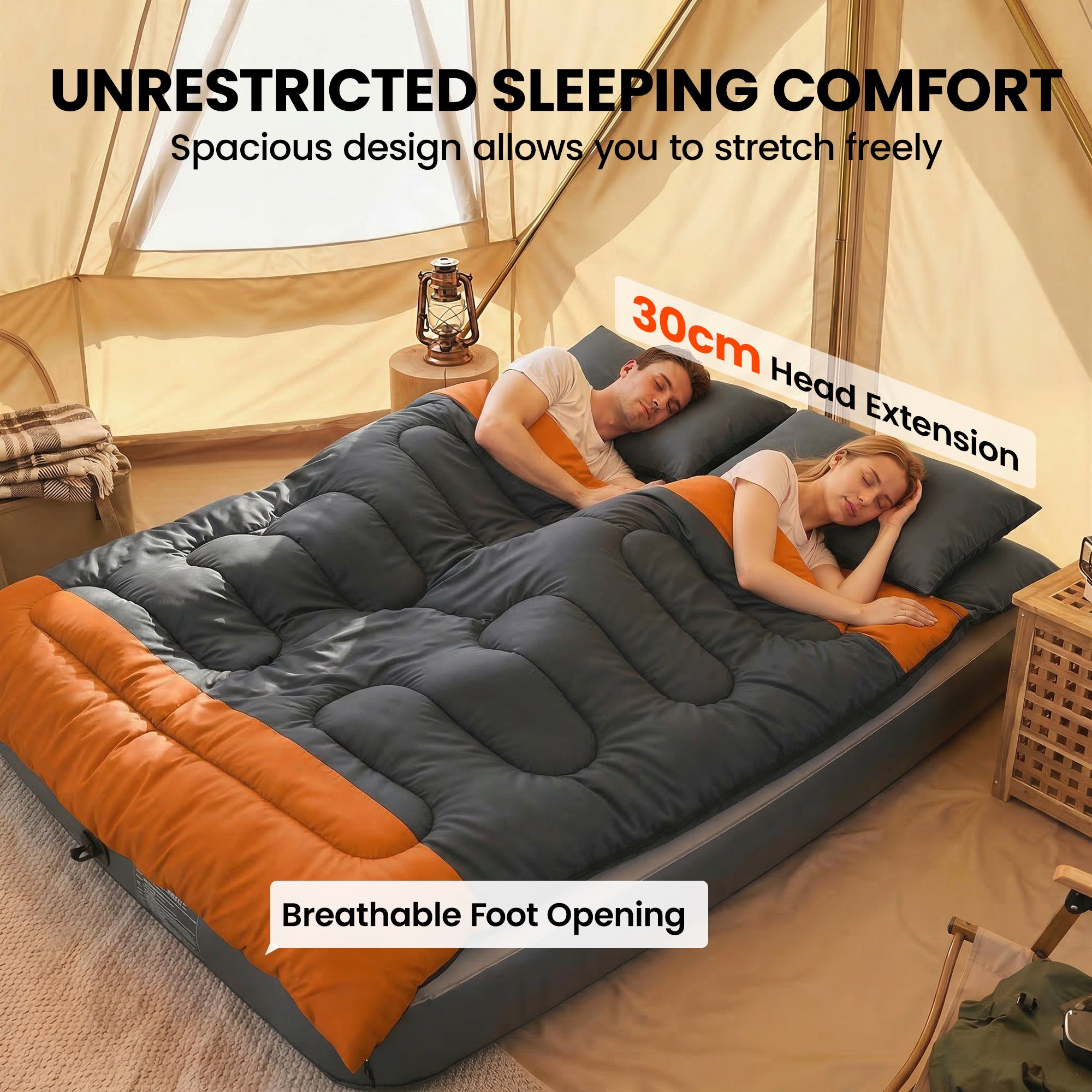 Outsunny Double Sleeping Bag with 2 Pillows, 220 x 160 cm Extra-Large Sleeping Bag for Adults, Grey and Orange 