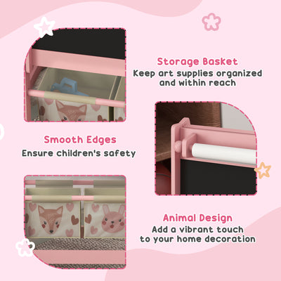 ZONEKIZ Kids Table and Chair Set and Kids Easel with Paper Roll, Storage Baskets, Kids Activity Furniture Set, Pink 