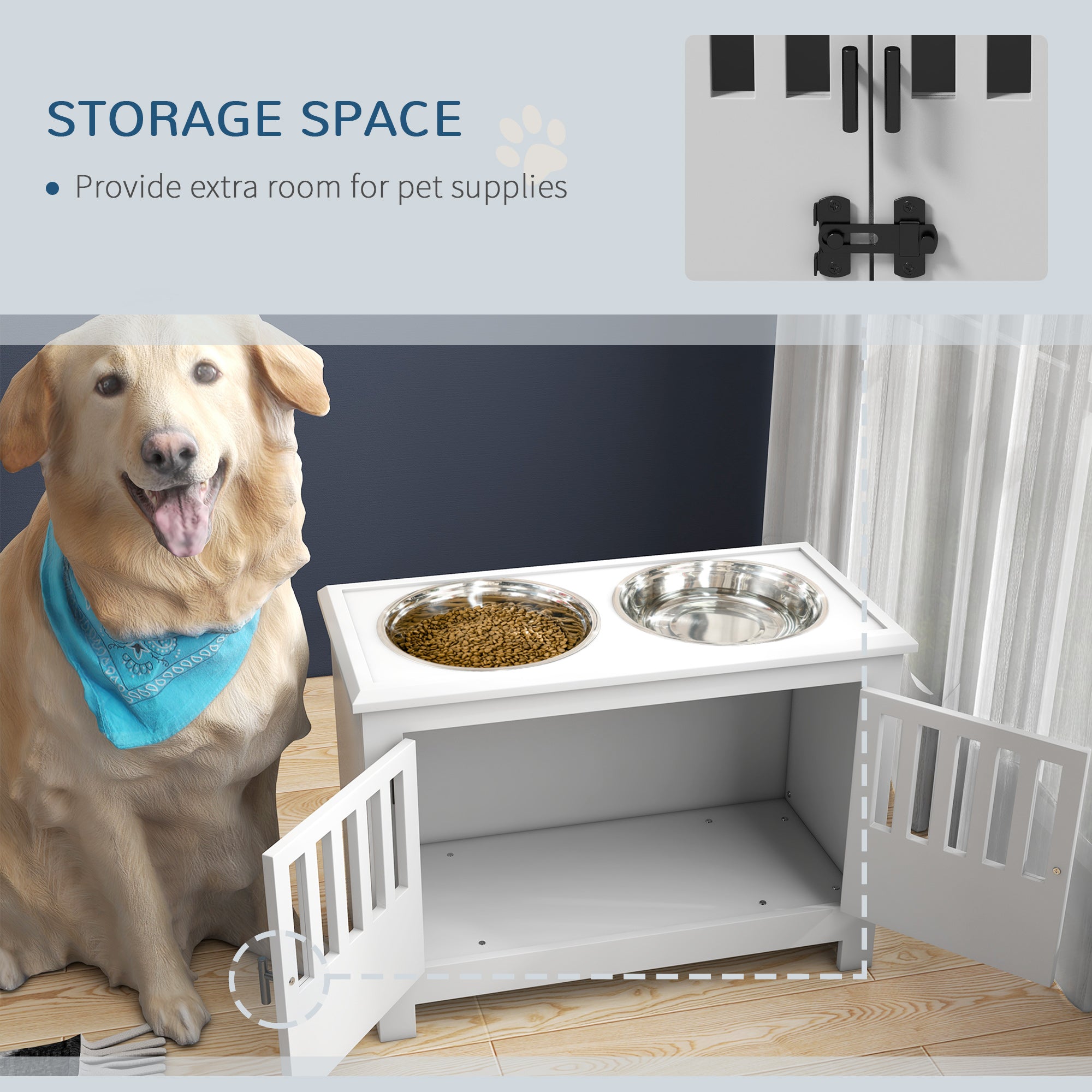 PawHut Raised Dog Bowls, Pet Feeding Station, with Storage, Food and Water Bowls, for Large Dogs - White 
