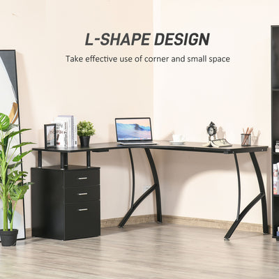 HOMCOM L-Shaped Computer Desk Table with Storage Drawer, Home Office Desk Corner Industrial Style Workstation for A4 Files 143.5 x 143.5 x 76cm, Black 