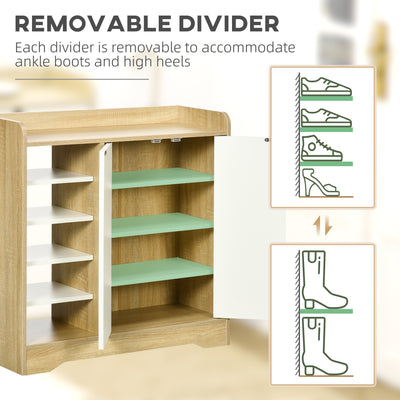 HOMCOM Shoe Storage with Double Doors and Open Shelves 13 Pair Shoe Storage Organizer for Entryway Hallway Natural and White 