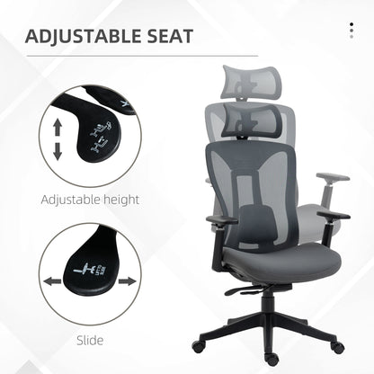 Vinsetto Mesh Office Chair, Ergonomic Desk Chair, Computer Chair with Adjustable Headrest and Lumbar Support, 135\'c2\'b0 Reclining Back and 3D Armrest for Home Office Study, Grey