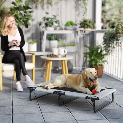 PawHut Portable Raised Dog Bed, Elevated Pet Cot with Breathable Mesh for Indoor Outdoor, for Large Dogs, Light Grey 