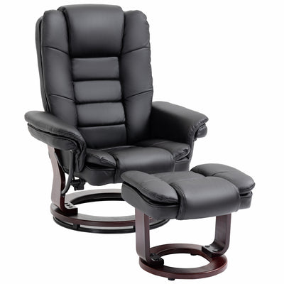 HOMCOM Manual Recliner and Footrest Set PU Leather Leisure Lounge Chair Armchair with Swivel Wood Base, Black 