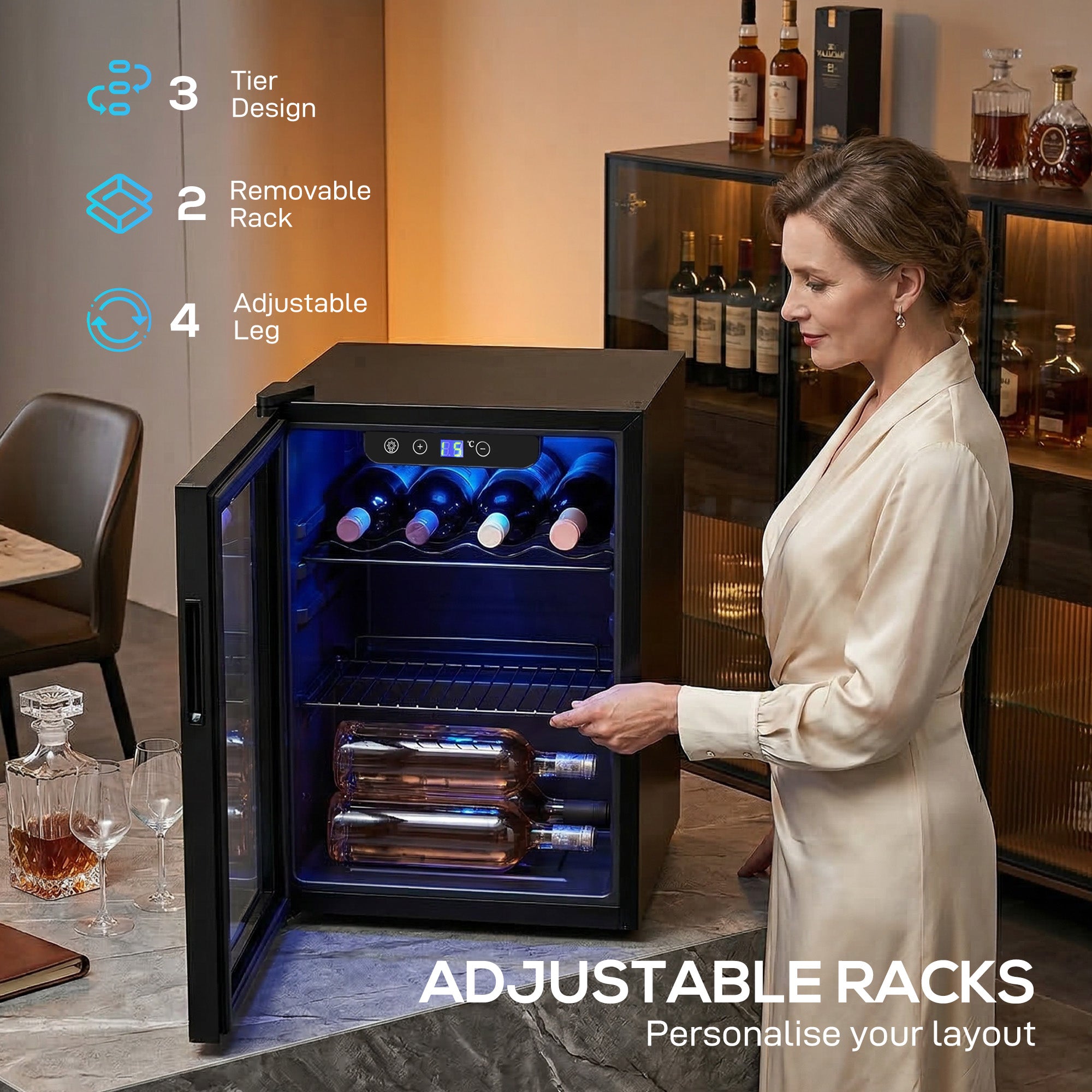 HOMCOM 16 Bottle Wine Cooler, 48 Litre Capacity, 4-16°C Under Counter Drinks Beer Wine Fridge with Glass Door, LED Light, Black 