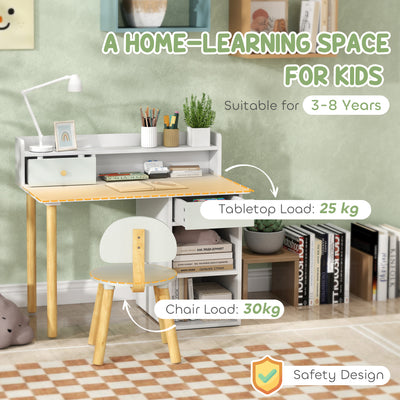 AIYAPLAY Two-Piece Children Study Table with Hutch, Kids Desk and Chair Set with Storage, Drawer, Shelves, Green 