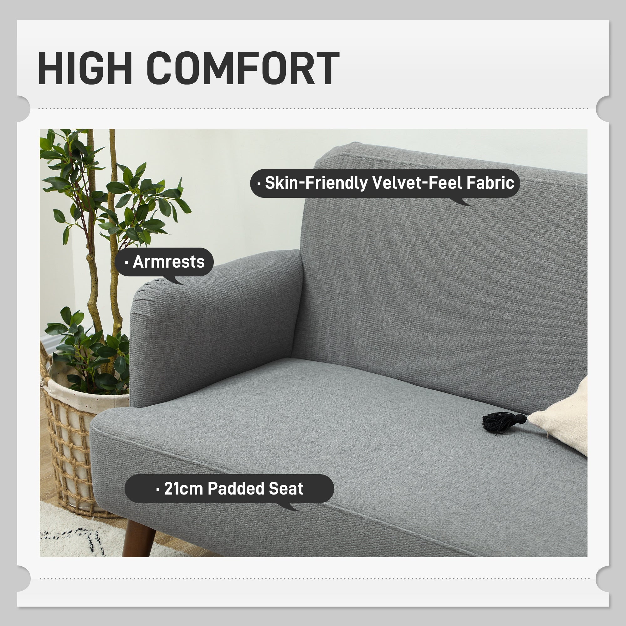 HOMCOM Velvet Feel Fabric 2 Seater Sofa, Small Sofa Loveseat with 21cm Thick Padding and Wood Legs, Grey 
