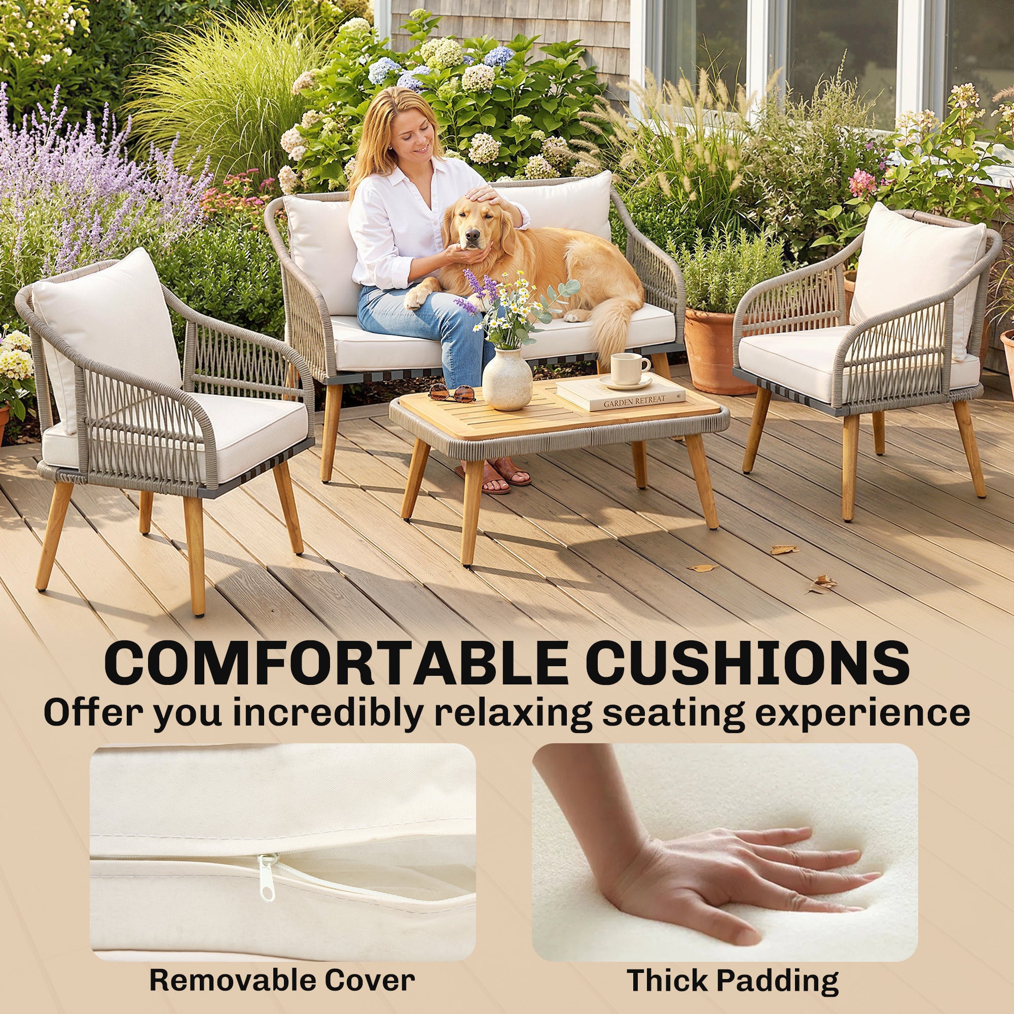 Outsunny 4 Piece Rattan Garden Furniture Set with Loveseat, Armchairs, Wood Table, Wicker Patio Conversation Set, Cream White 