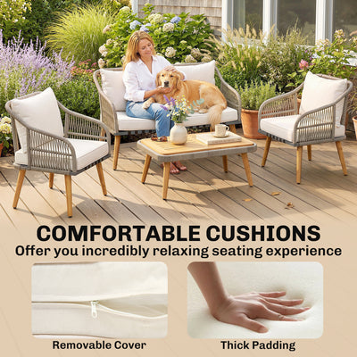 Outsunny 4 Piece Rattan Garden Furniture Set with Loveseat, Armchairs, Wood Table, Wicker Patio Conversation Set, Cream White 