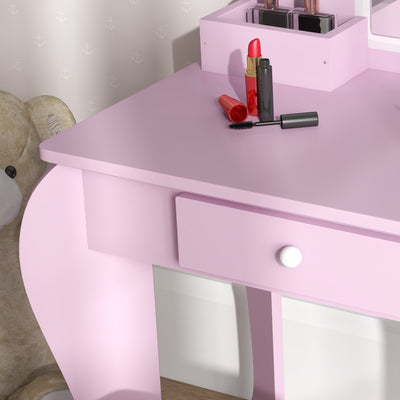 ZONEKIZ Kids Vanity Table with Mirror, Stool, Drawer, Storage Boxes, Cloud Design, for Ages 3-6 Years - Pink 