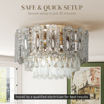 HOMCOM Chandelier Ceiling Light, 3-Light Flush Mount Fixture with Dual Crystal and Smoke Glass Shade, 40 cm LED Ceiling Light for Living Room Bedroom, 3 E14 Sockets, Bulbs Not Included, Gold Tone 