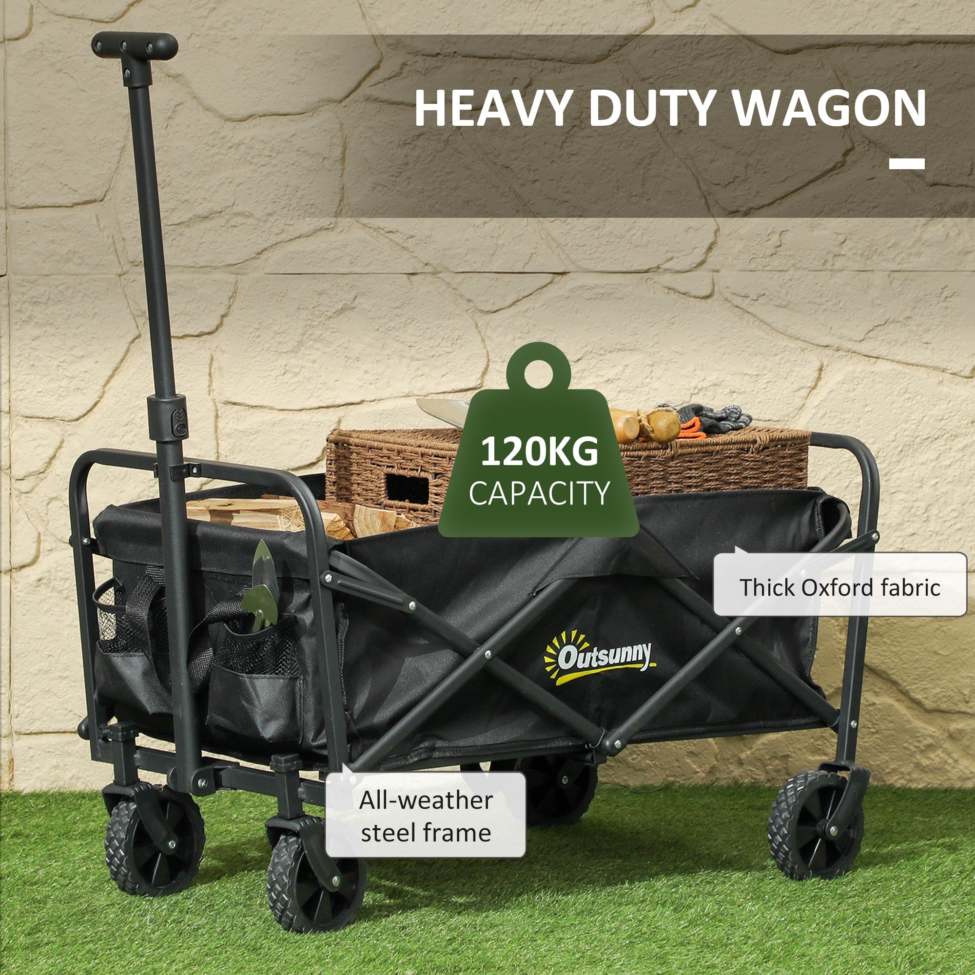 Outsunny 62L Festival Trolley on Wheels, Garden Folding Trolley Cart, 120kg Heavy Duty Collapsible Folding Wagon with Adjustable Handle and Carrying Bag for Beach, Camping, Festival, Black 