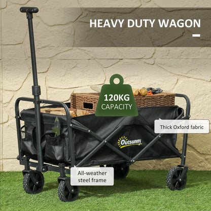 Outsunny 62L Festival Trolley on Wheels, Garden Folding Trolley Cart, 120kg Heavy Duty Collapsible Folding Wagon with Adjustable Handle and Carrying Bag for Beach, Camping, Festival, Black 