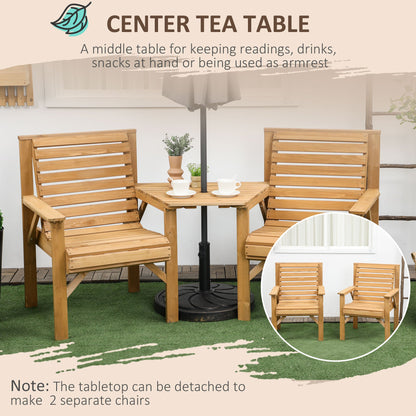 Outsunny Wooden Garden Love Seat, 2 Seater Jack & Jill Companion Seat with Coffee Table and Parasol Hole, Partner Bench, Table and Chairs Set, Outdoor Furniture for Garden, Balcony, Patio, Brown 