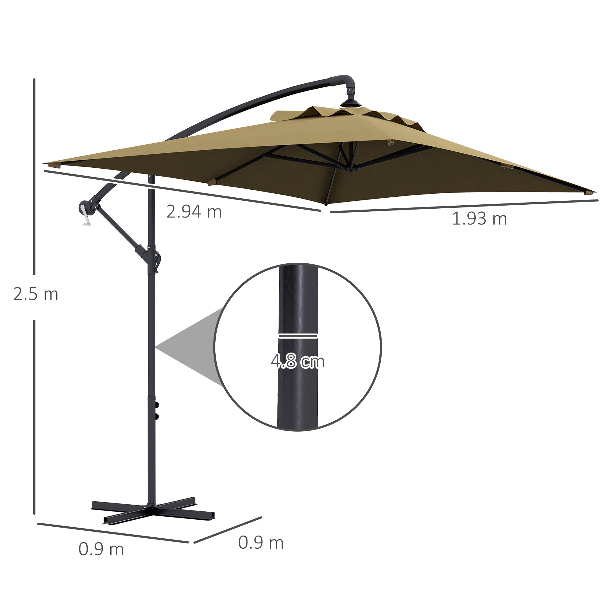 Outsunny 3m Square Canopy Cantilever Parasol, with Cross Base - Brown