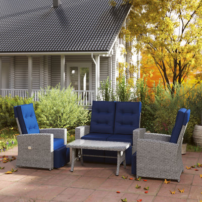 Outsunny 4 Piece Rattan Garden Furniture Set Outdoor Sofa Sectional Set with Glass Top Table for Poolside, Navy Blue 