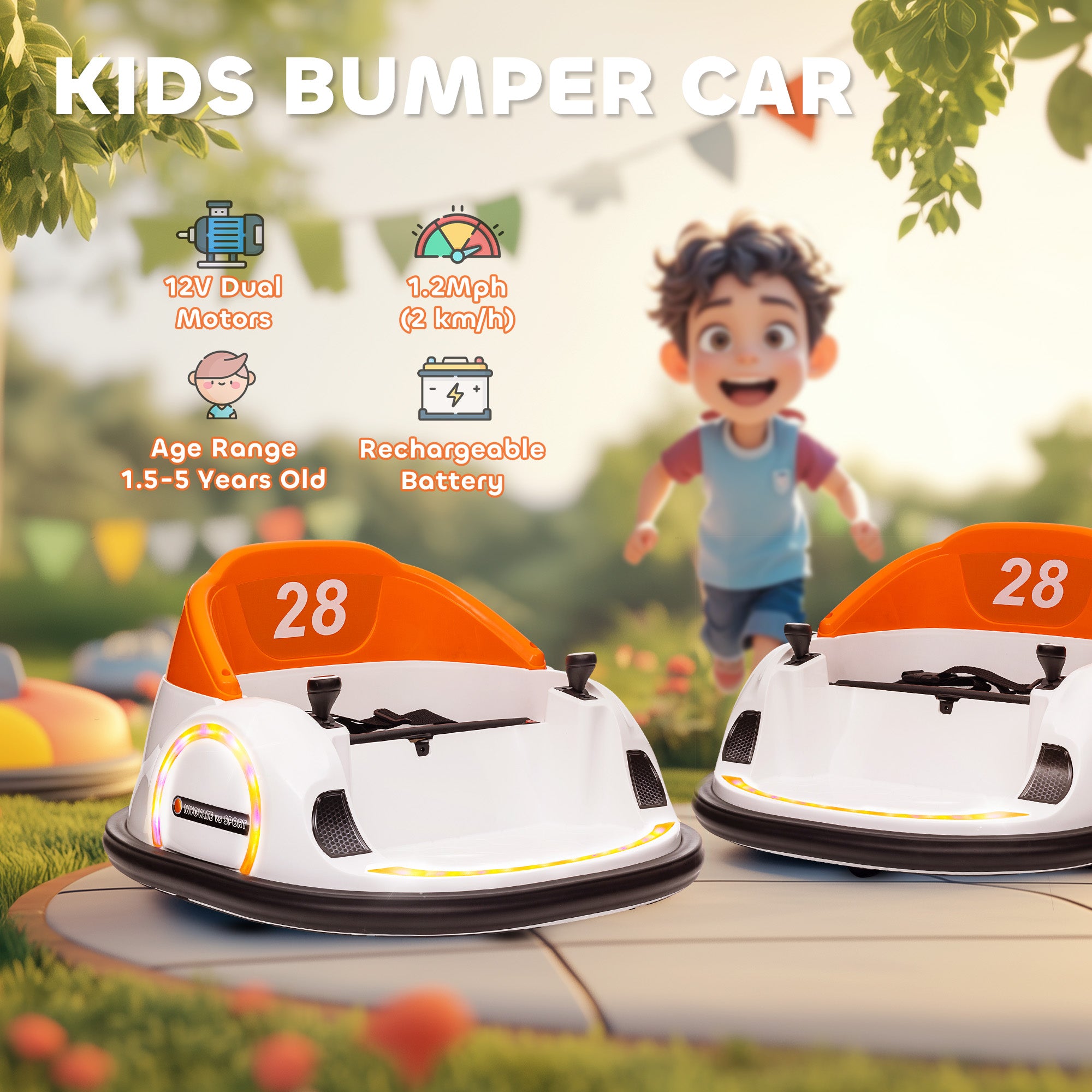AIYAPLAY 360\'c2\'b0 Rotation Kids Bumper Car, 12V Waltzer Car with Remote Control, Dual Joysticks, Music Lights, Orange 