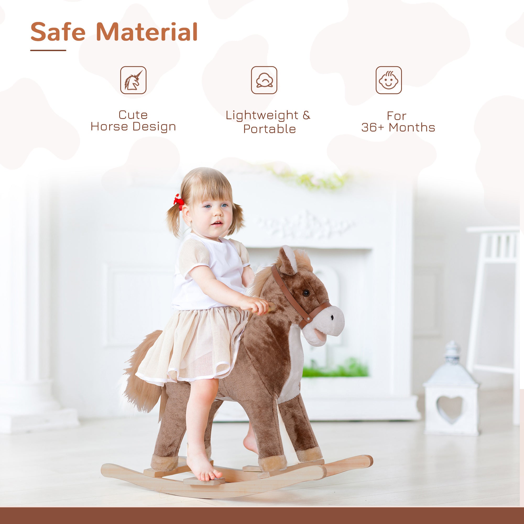 HOMCOM Kids Children Plush Rocking Horse Wooden Base Ride On Toy Rocker with Handle Grip Traditional Toy Fun Gift for Age 3+ (Brown & White) 