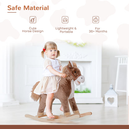 HOMCOM Kids Children Plush Rocking Horse Wooden Base Ride On Toy Rocker with Handle Grip Traditional Toy Fun Gift for Age 3+ (Brown & White) 
