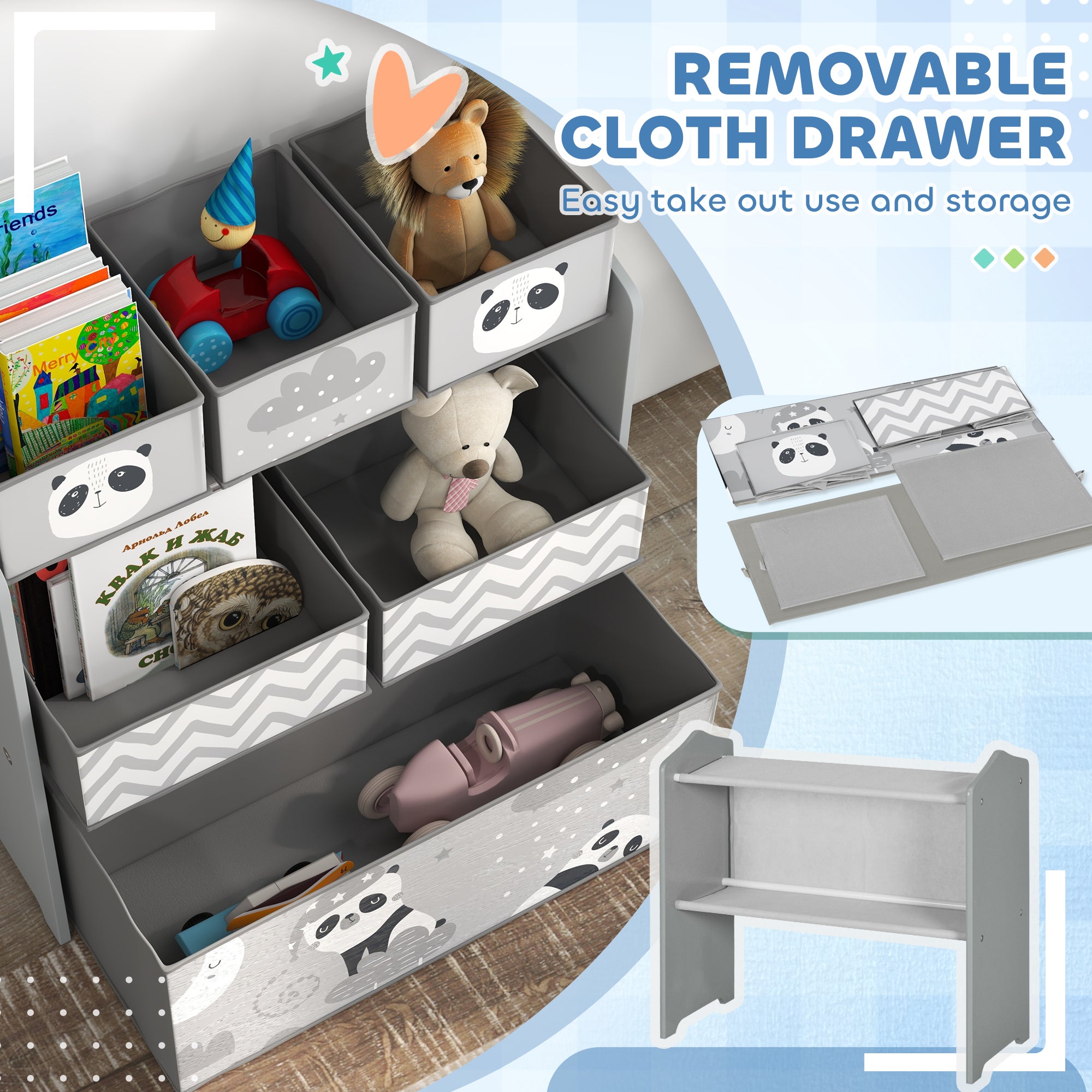 ZONEKIZ Kids Table and Chairs, Kids Storage Unit and Kids Easel Set, Cute Animal Design Kids Activity Furniture Set for Ages 3-8 Years, Grey