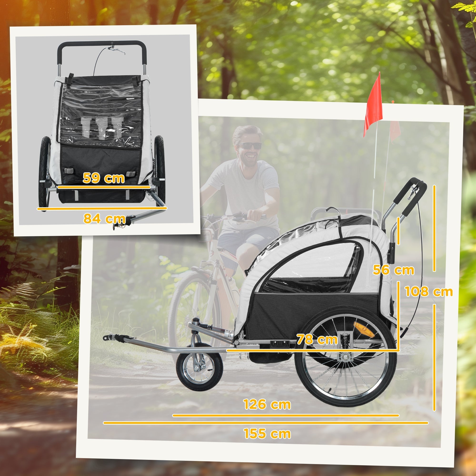 HOMCOM 2 Seat Bike Trailer with 5 Point Harness, Baby Bike Stroller with Safety Flag, Reflectors, for 18+ Months, Black 