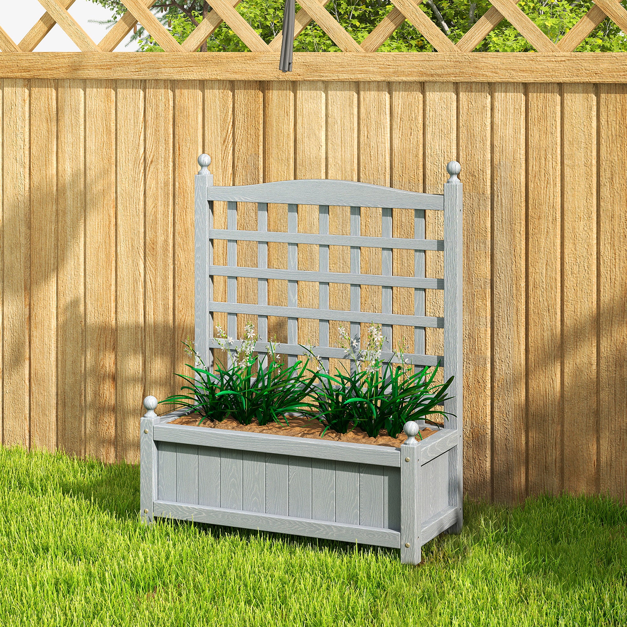 Outsunny Garden Planters with Trellis for Climbing Vines, Wood Raised Beds for Garden, Flower Pot, Indoor Outdoor, Grey 