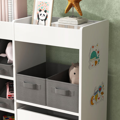 AIYAPLAY Kids Toy Storage Unit with 11 Bins, Cabinet, Top Shelves, 3 Stickers, for Nursery, Playroom, White 