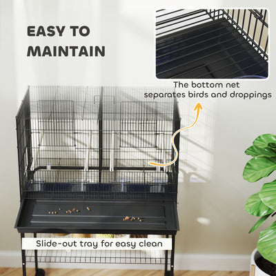 PawHut Bird Cage with Divider, 4 Wooden Perches, Slide Out Tray, 4 Feeders, for Budgie, Lovebird, Canary, 76 x 46 x 116cm Black 