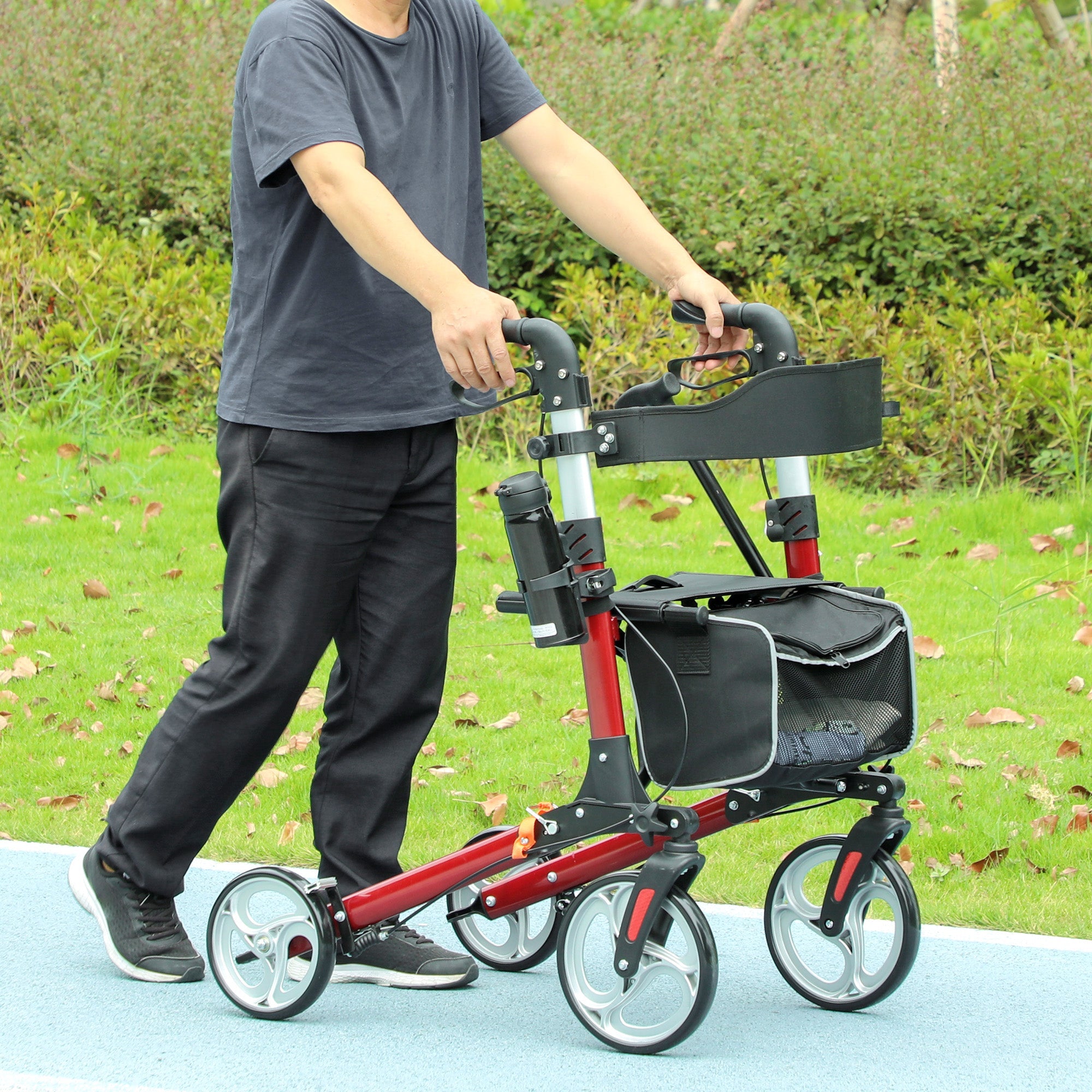 HOMCOM 88.5-106cm Aluminium Frame Rollator Walker, with Brakes - Red 