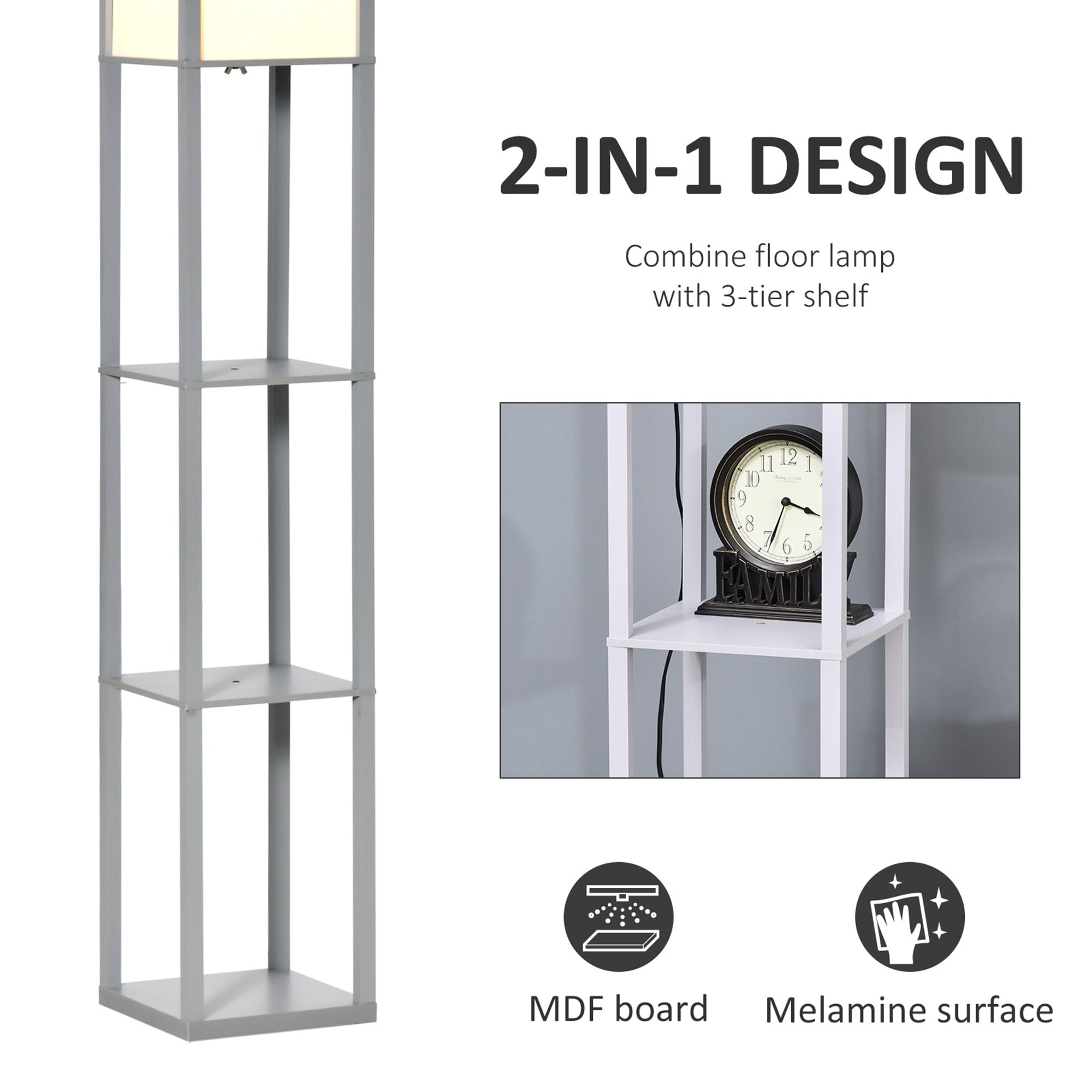HOMCOM 3-Tier Floor Lamp, Floor Light with Storage Shelf, Reading Standing Lamp with Acrylic Shade for Living Room, Bedroom, Kitchen, Dining Room, Office, Dorm, 160cm, Grey 