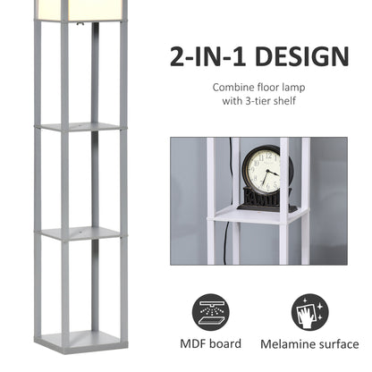 HOMCOM 3-Tier Floor Lamp, Floor Light with Storage Shelf, Reading Standing Lamp with Acrylic Shade for Living Room, Bedroom, Kitchen, Dining Room, Office, Dorm, 160cm, Grey 