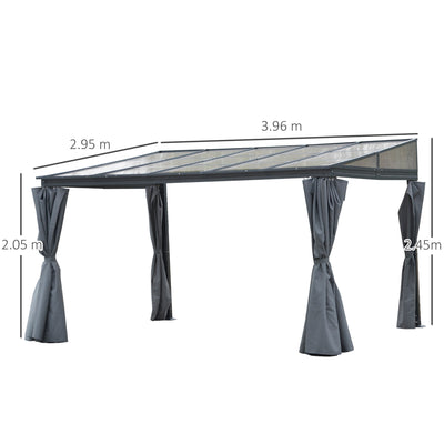 Outsunny 4 x 3(m) Outdoor Hardtop Gazebo with Curtains, Lean to Aluminium Pergola with Polycarbonate Roof, Garden Pavilion Sun Shade Shelter, Grey 
