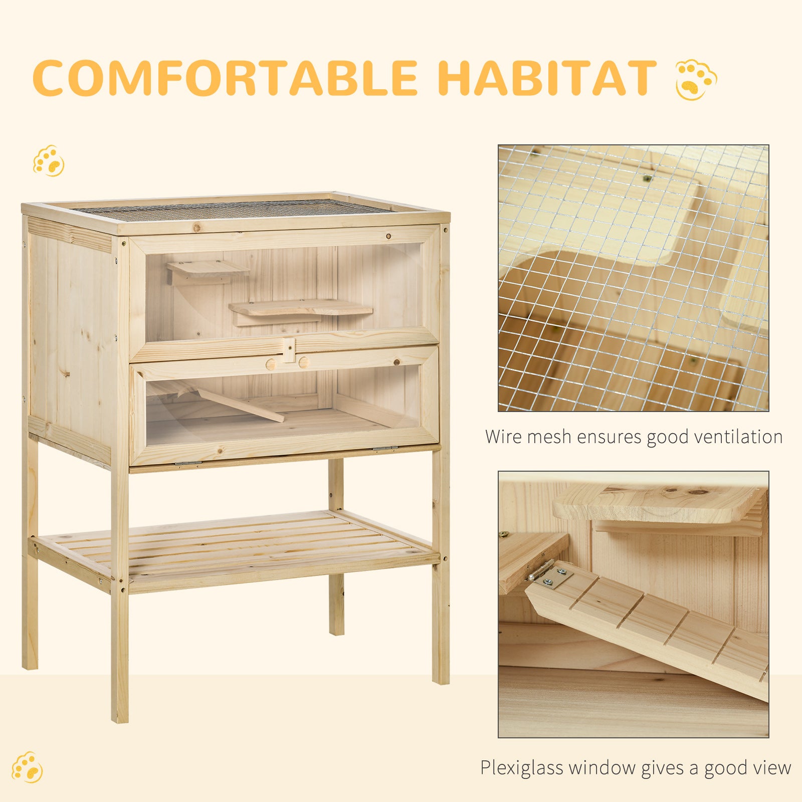 PawHut Wooden Hamster Cage with Storage Shelf, Small Animal Exercise Play House with Openable Top, for Hamsters, Gerbils, 60 x 40 x 80 cm - Natural 