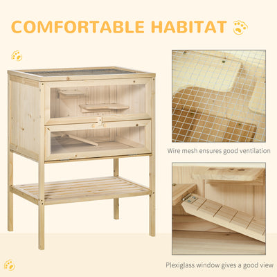PawHut Wooden Hamster Cage with Storage Shelf, Small Animal Exercise Play House with Openable Top, for Hamsters, Gerbils, 60 x 40 x 80 cm - Natural 