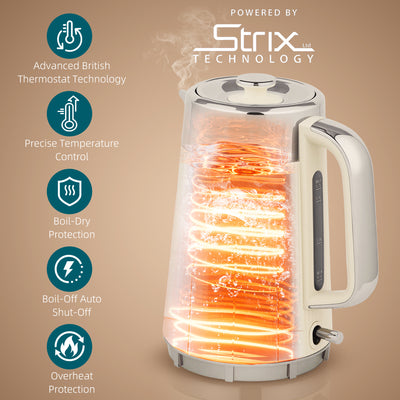 HOMCOM Electric Stainless Steel Kettle and Toaster Set, 3000W 1.7L UK Strix Thermostat Fast Boil Kettle w/ Limescale Filter, Cool Touch Body, 4 Slice Toaster with 7 Browning Levels, Crumb Tray, Cream 