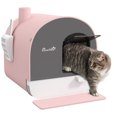 PawHut Hooded Cat Litter Box, Kitten Litter Tray, with Lid, Scoop, Filter, Flap Door, Pink 