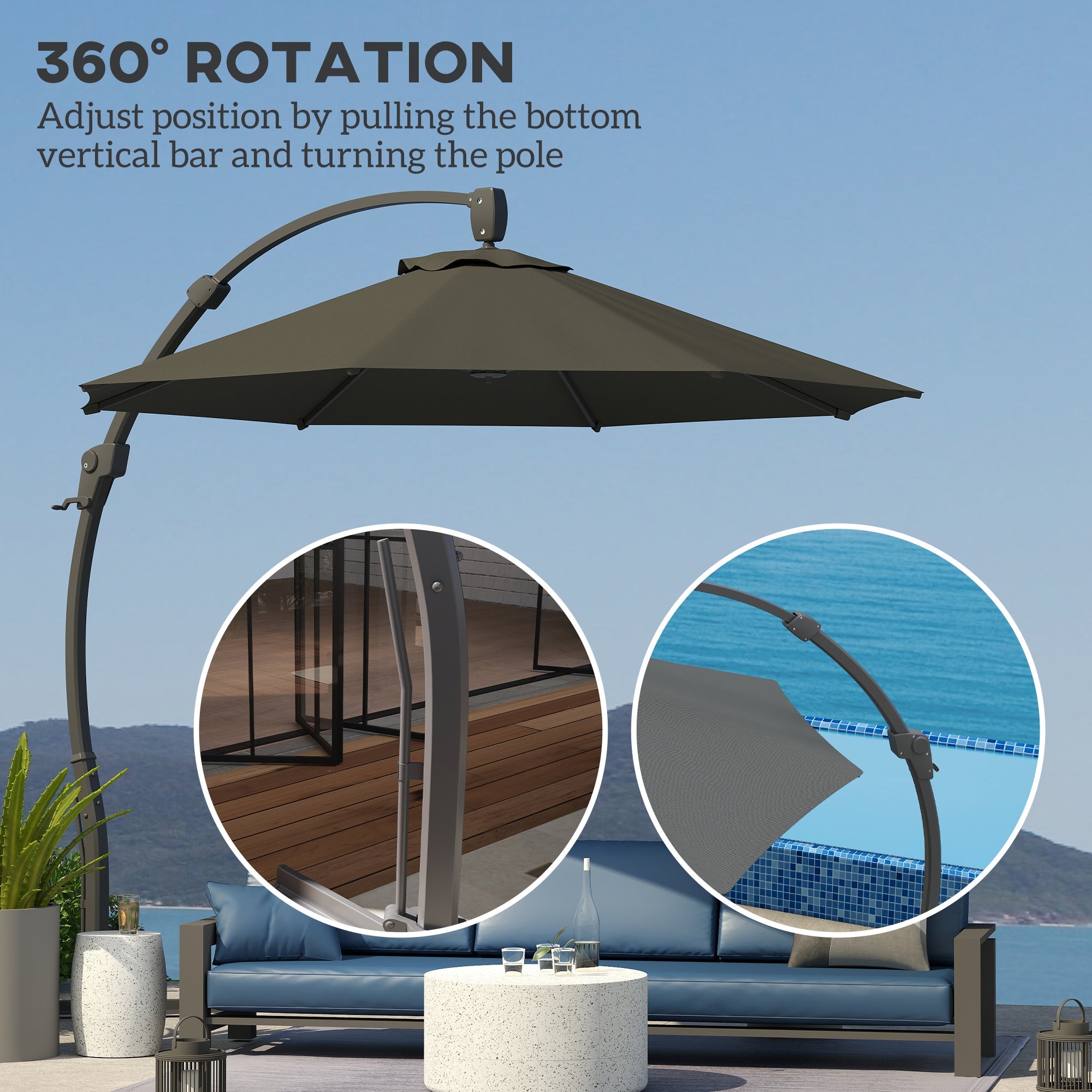 Outsunny 3(m) Garden Cantilever Parasol, Round Overhanging Umbrella with Crank Handle, Cross Base, Aluminium Frame and 360° Rotation, Banana Patio Umbrella for Outdoor Sun Shade, Grey 