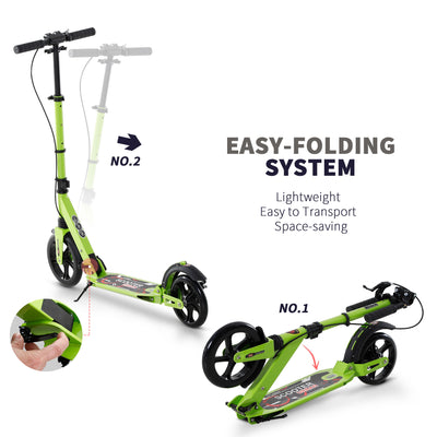 HOMCOM Kick Scooter, Folding 2 Wheel Scooter for 14+ Teens Adults, with Dual Brake System, Dual Suspension, 230mm Big Wheels, 3 Adjustable Handlebar, up to 100KG, Green 