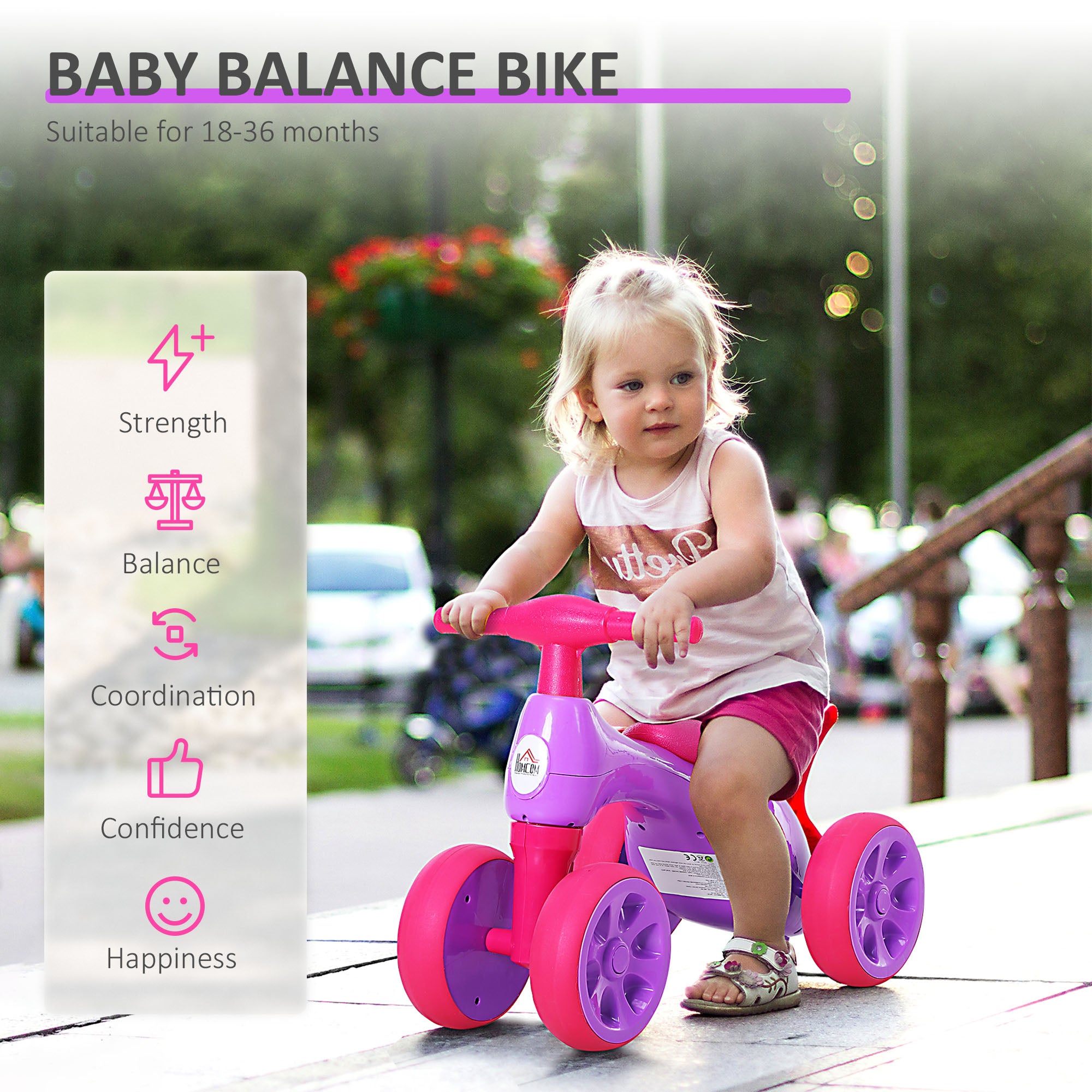HOMCOM Baby Balance Bike Toddler Training Walker Smooth Rubber Wheels Ride on Toy Storage Bin Gift for Boys Girls Violet Fuchsia 