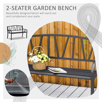 Outsunny 2-Seater Garden Bench with Cushion, Metal Loveseat, Slatted Outdoor Park Chair with Decorative Backrest and Armrest, Black 