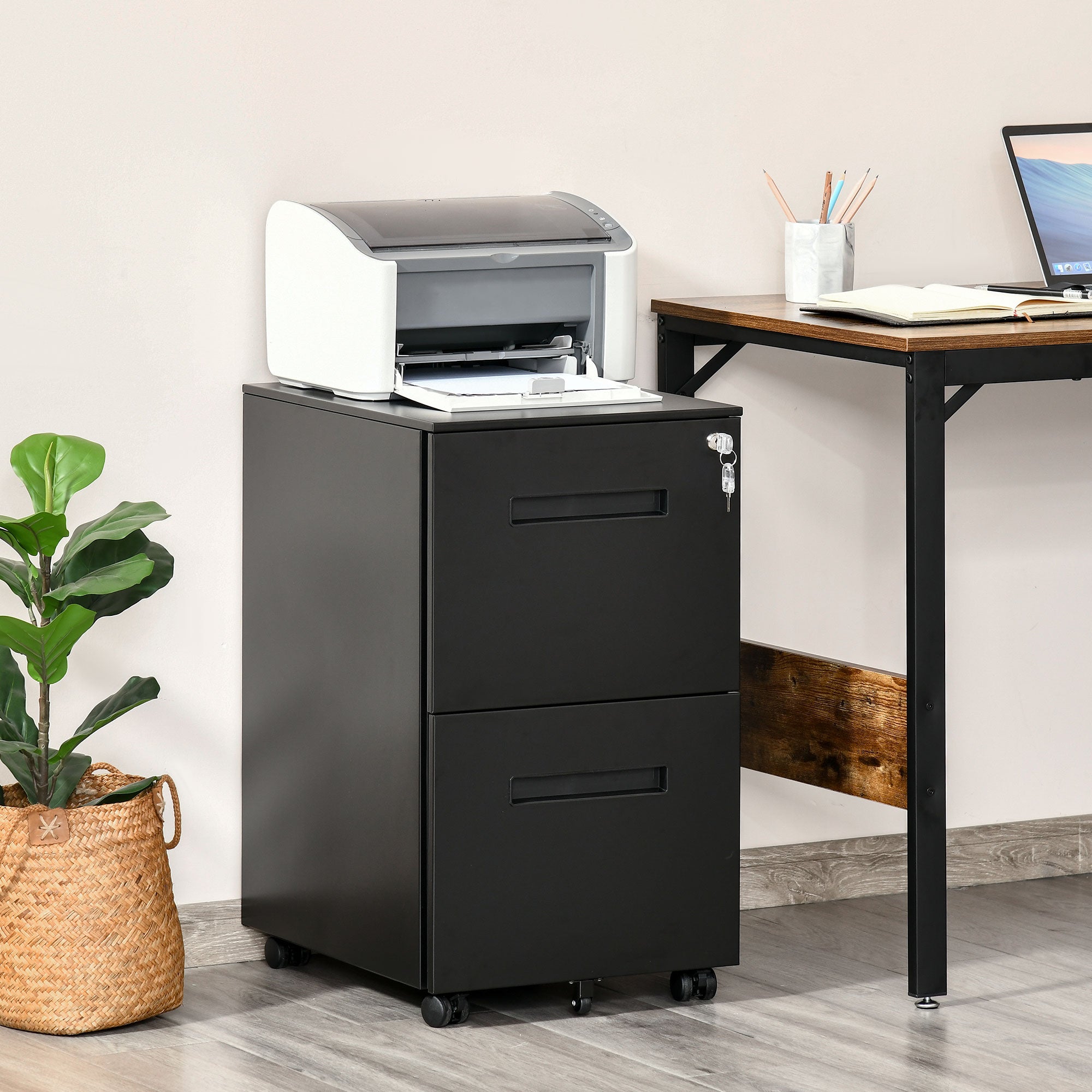Vinsetto Metal Mobile File Cabinet with Wheels, Lockable 2 Drawer Filing Cabinet for A4, Legal, Letter, Compact Under Desk Storage Unit with Pre-Assembled Body for Home Office, 39 x 48 x 67cm, Black 