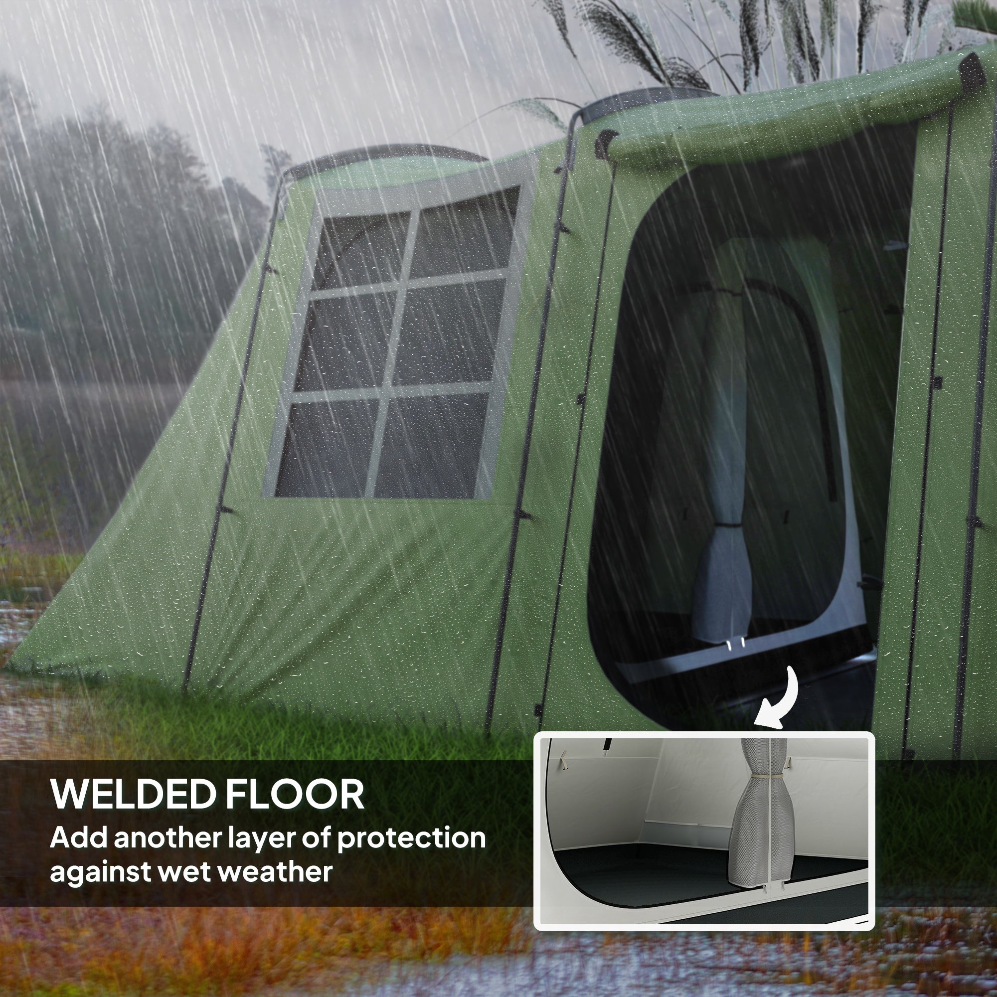 Outsunny 3-4 Man Tunnel Tent, Family Camping Tent with Porch, Bedroom and Living Area, Sewn in Groundsheet, 3000mm Waterproof, Portable with Bag for Hiking, Festival, Backpacking, Green 