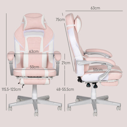 HOMCOM Faux Leather Reclining Gaming Chair, with Footrest - Pink/White 
