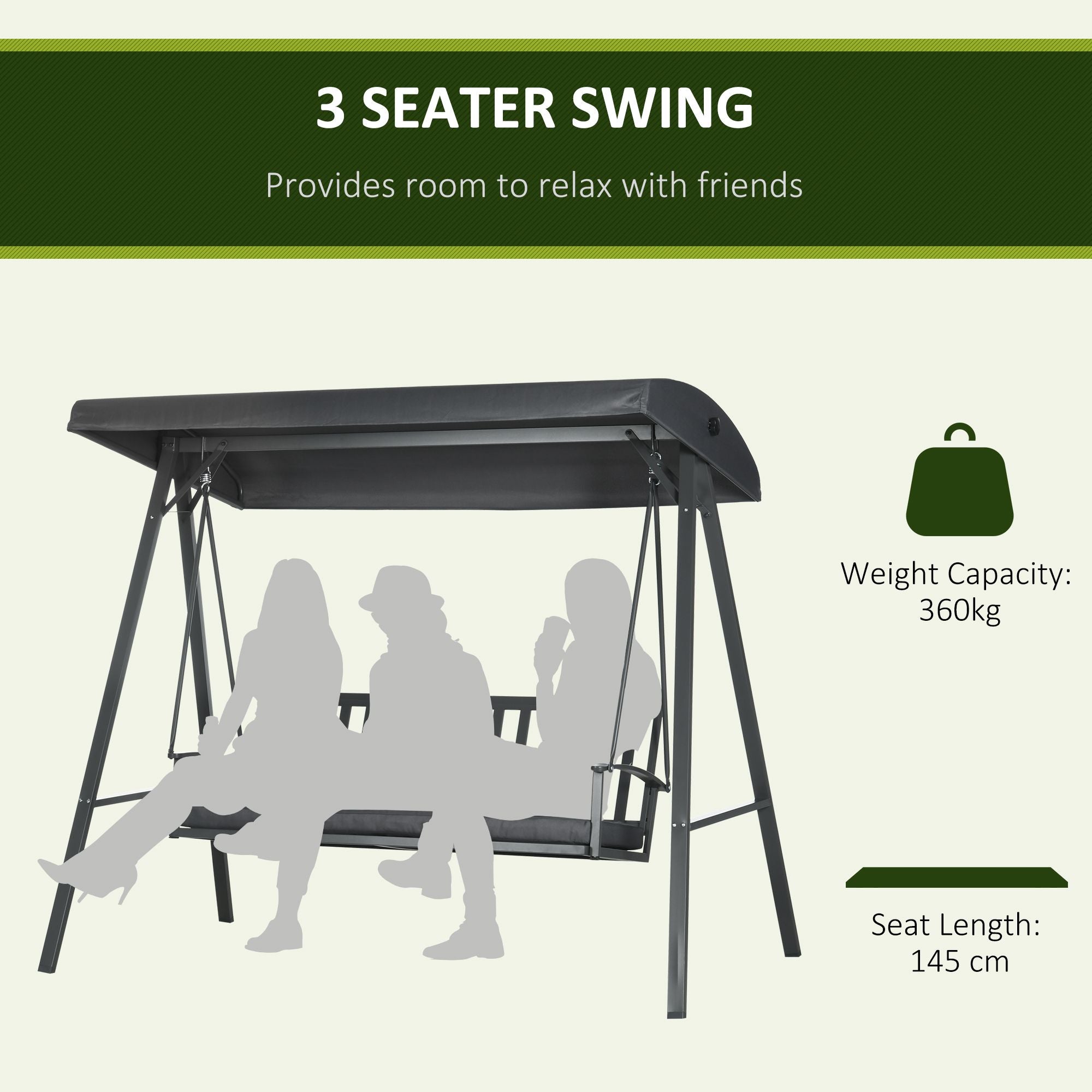 Outsunny 3-Seat Garden Swing Chair, Outdoor Canopy Swing with Removable Cushion, Adjustable Shade, and Slatted Bench, for Porch, Poolside, Backyard, Dark Grey 