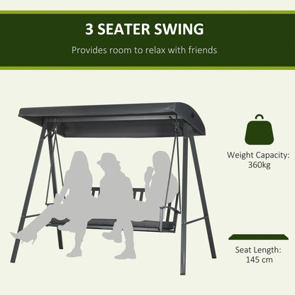 Outsunny 3-Seat Garden Swing Chair, Outdoor Canopy Swing with Removable Cushion, Adjustable Shade, and Slatted Bench, for Porch, Poolside, Backyard, Dark Grey 