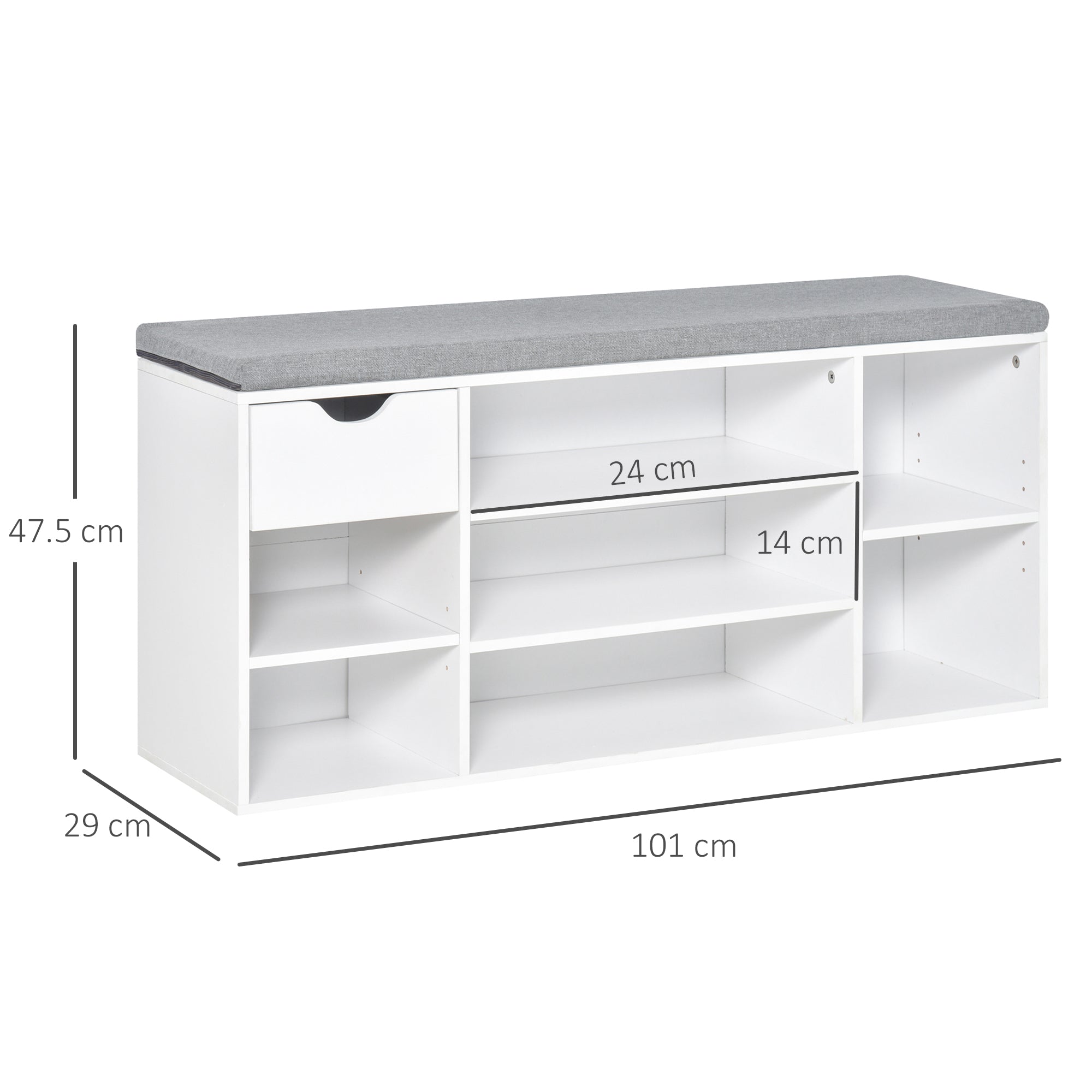 HOMCOM Shoe Bench with Seat Cushion Shoe Storage Cabinet with 7 Compartments Drawer Adjustable Shelves for Entryway Hallway Living Room White and Grey 