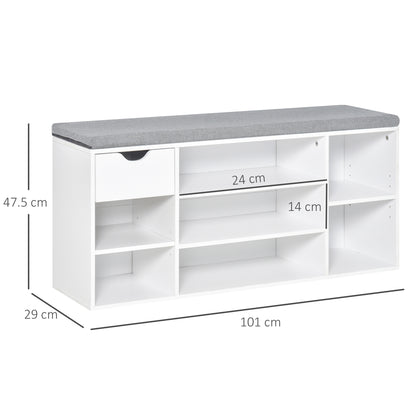 HOMCOM Shoe Bench with Seat Cushion Shoe Storage Cabinet with 7 Compartments Drawer Adjustable Shelves for Entryway Hallway Living Room White and Grey 