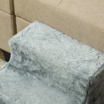 PawHut Three-Step Dog Stairs, with Washable Plush Cover, for High Bed Sofa, Dog Stairs for Small Dog and Cat - Light Grey 