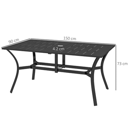 Outsunny Rectangle Garden Dining Table with Parasol Hole, Patio Table with Steel Frame and Slat Tabletop, 150cm x 90cm, Black 